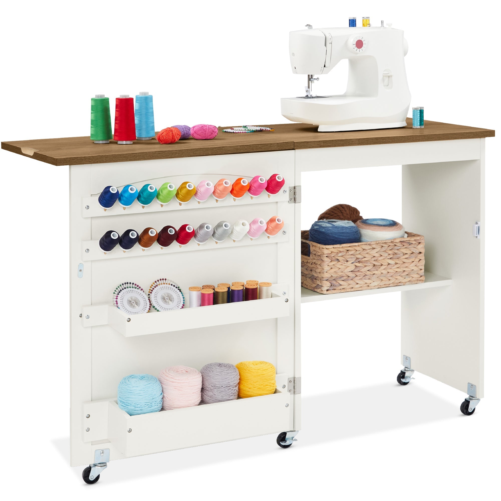 Folding Sewing Table Multipurpose Craft Station & Side Table w/ Wheels
