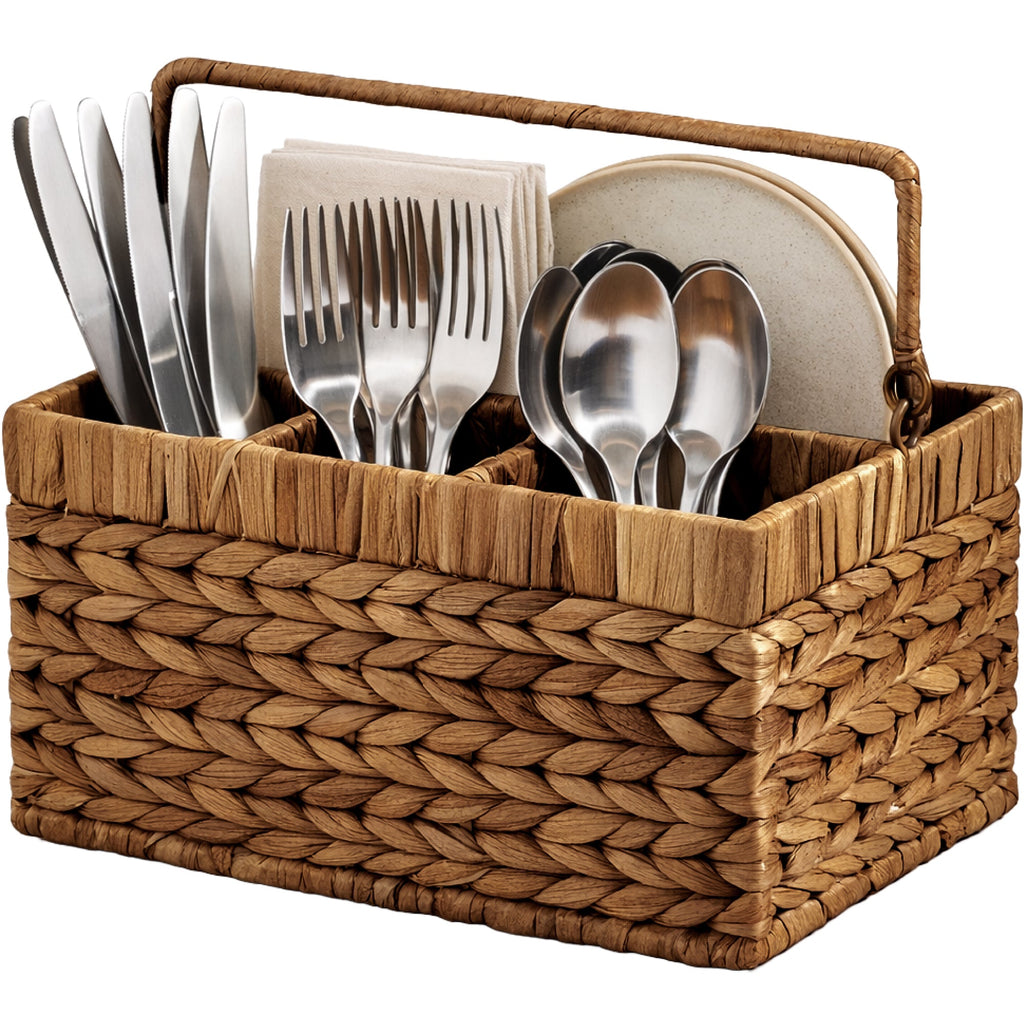 Handwoven Silverware Organizer w/ Handle 4 Compartments
