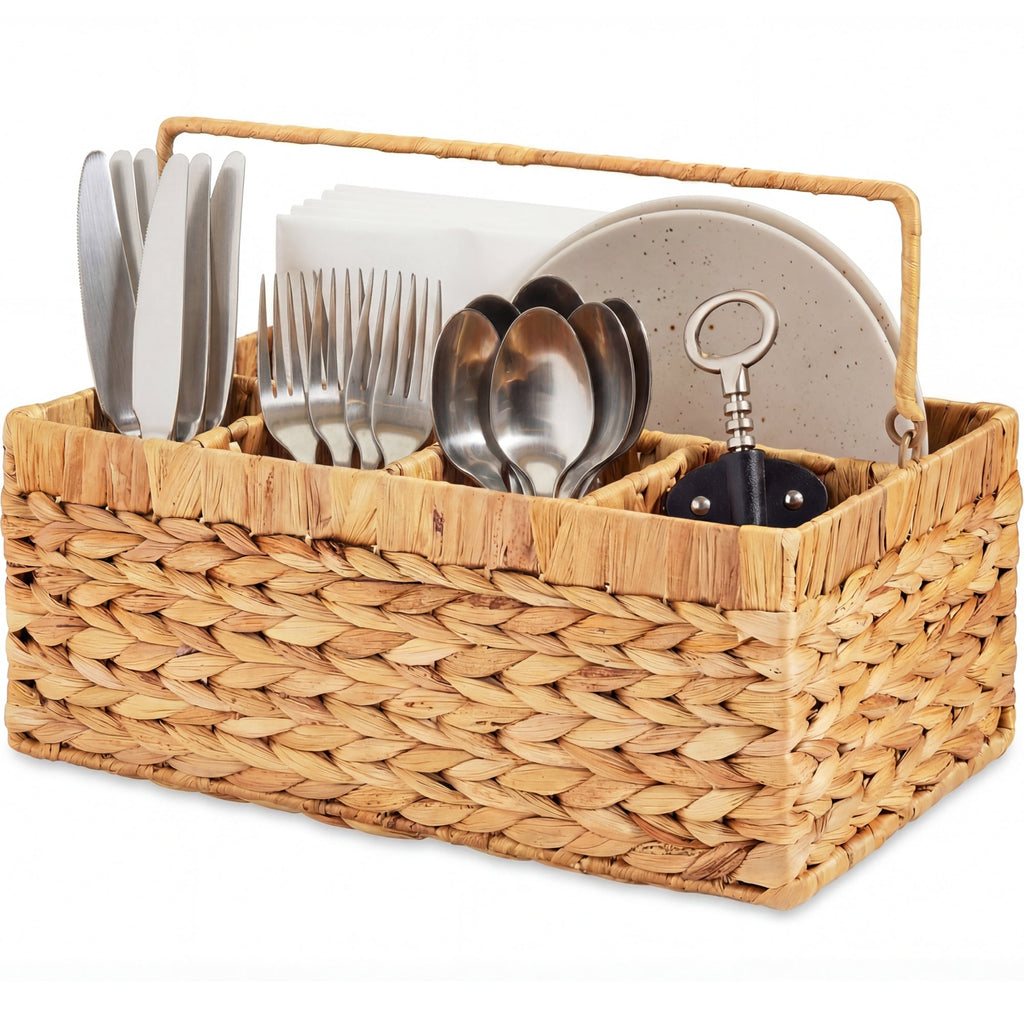 Handwoven Silverware Organizer w/ Handle 5 Compartments
