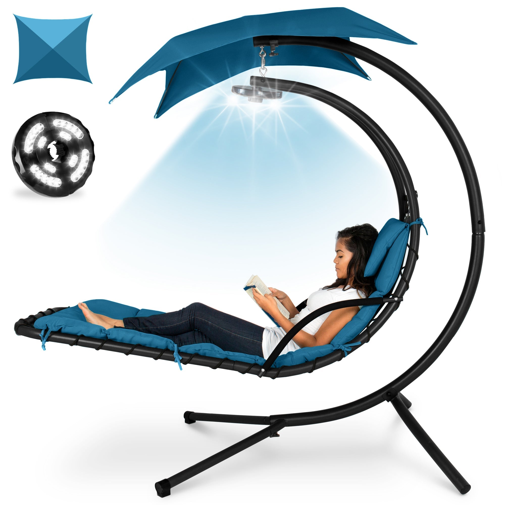 Hanging LED-Lit Curved Chaise Lounge Chair w/ Pillow Canopy Stand