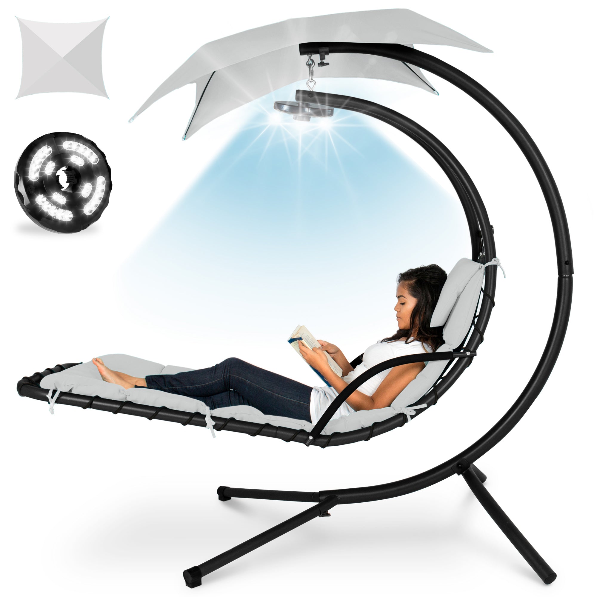 Hanging LED-Lit Curved Chaise Lounge Chair w/ Pillow Canopy Stand