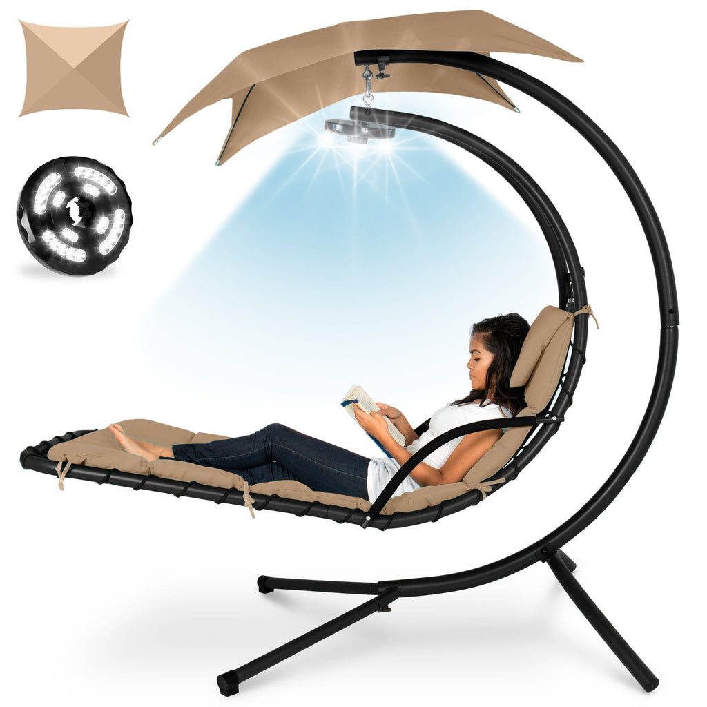 Hanging LED-Lit Curved Chaise Lounge Chair w/ Pillow Canopy Stand