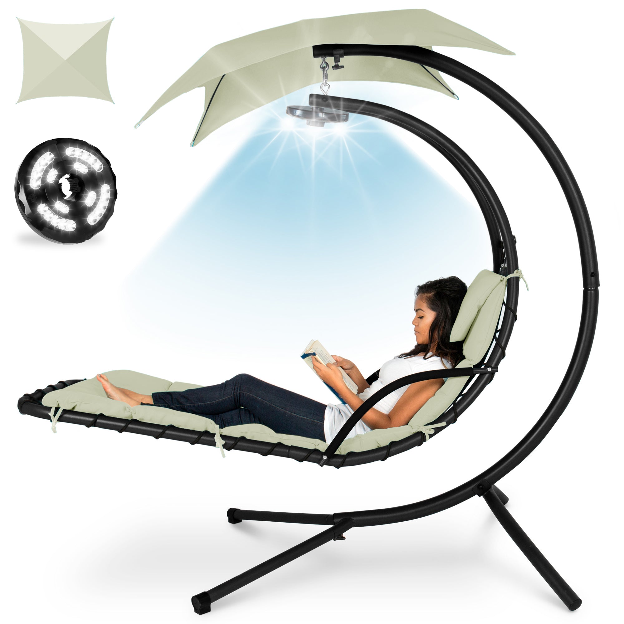 Hanging LED-Lit Curved Chaise Lounge Chair w/ Pillow Canopy Stand