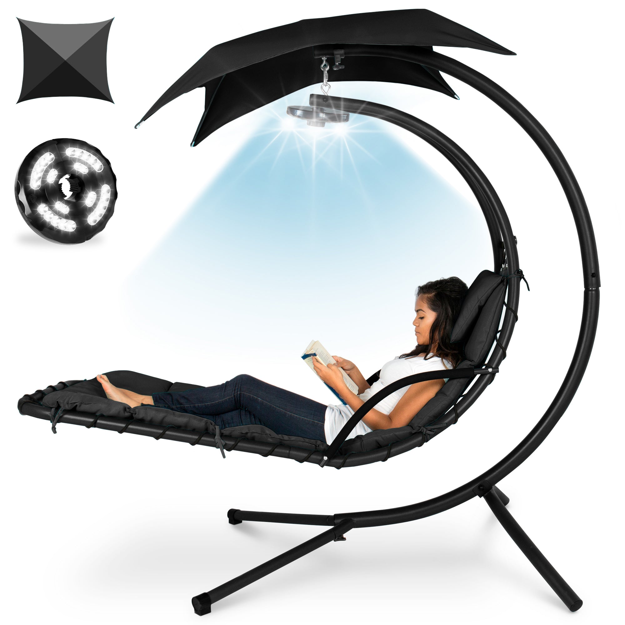 Hanging LED-Lit Curved Chaise Lounge Chair w/ Pillow Canopy Stand