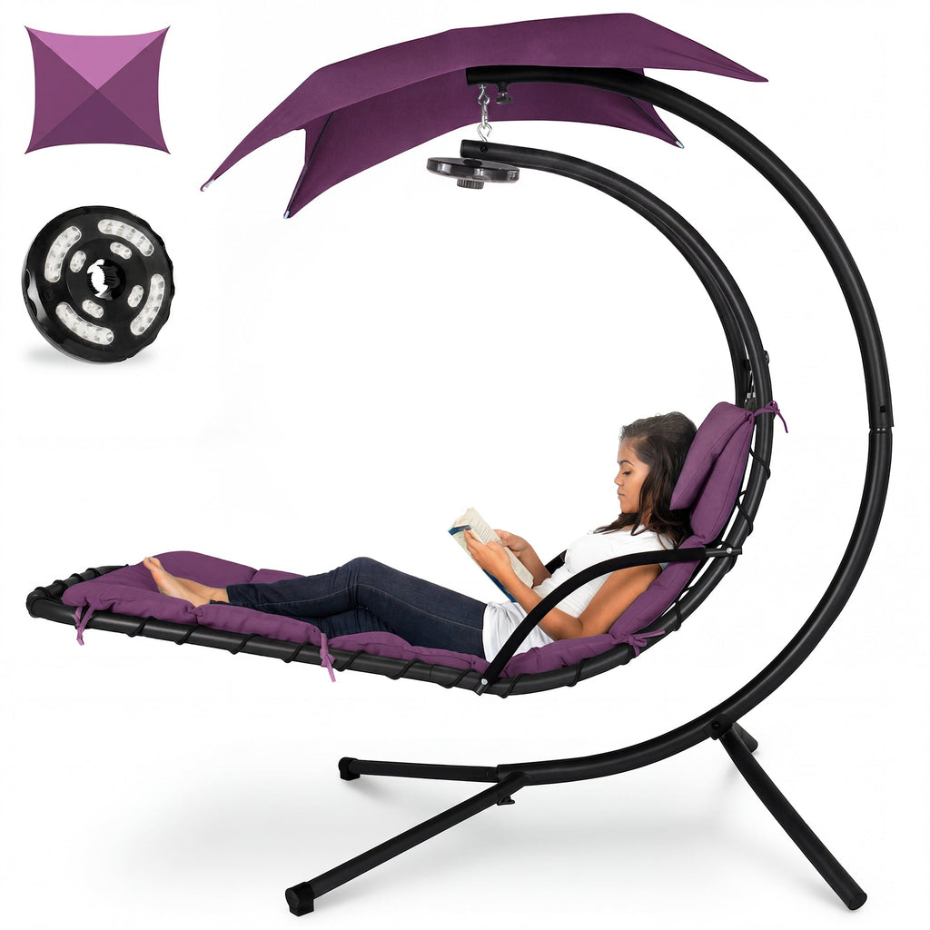 Hanging LED-Lit Curved Chaise Lounge Chair w/ Pillow Canopy Stand