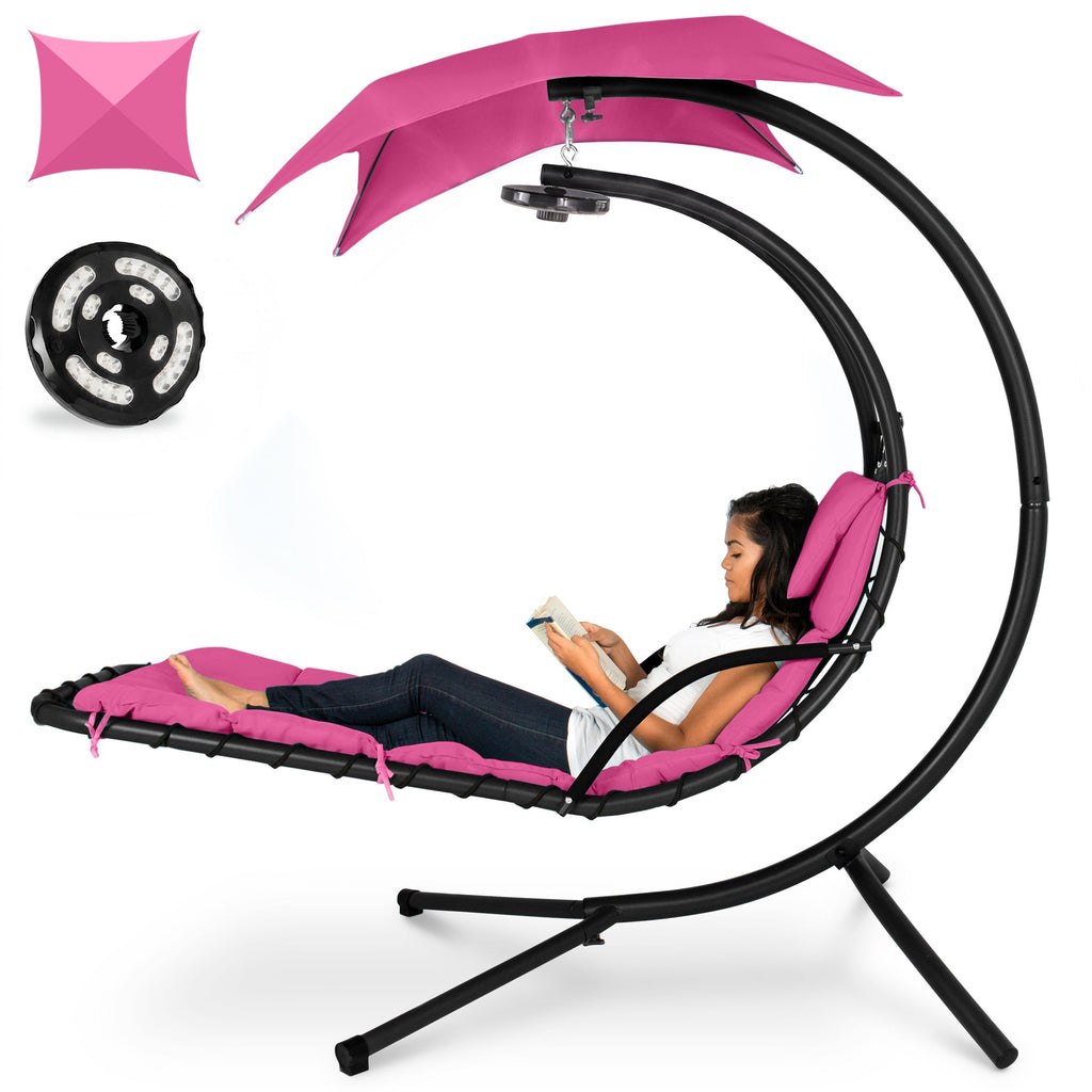 Hanging LED-Lit Curved Chaise Lounge Chair w/ Pillow Canopy Stand