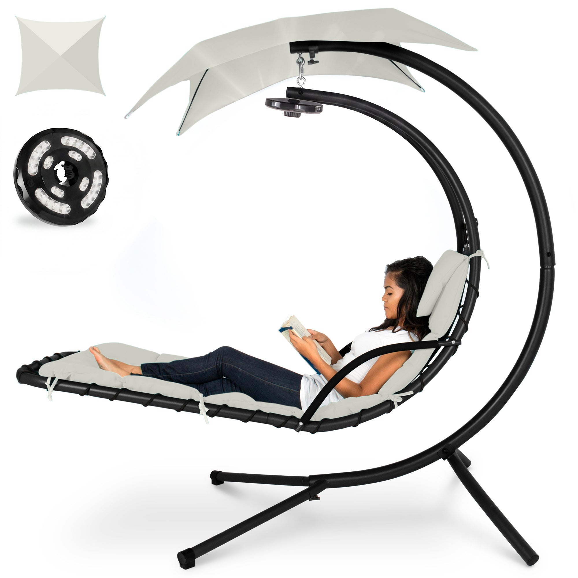 Hanging LED-Lit Curved Chaise Lounge Chair w/ Pillow Canopy Stand
