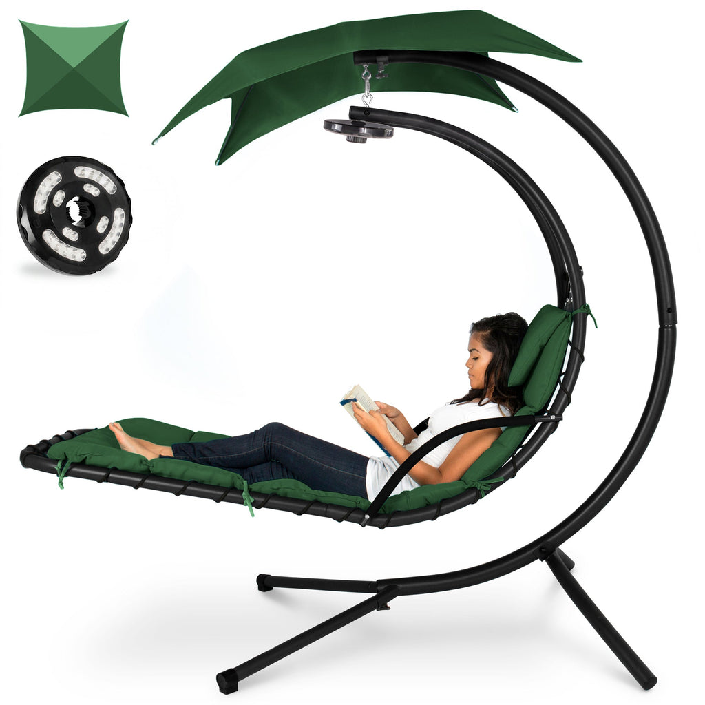 Hanging LED-Lit Curved Chaise Lounge Chair w/ Pillow Canopy Stand