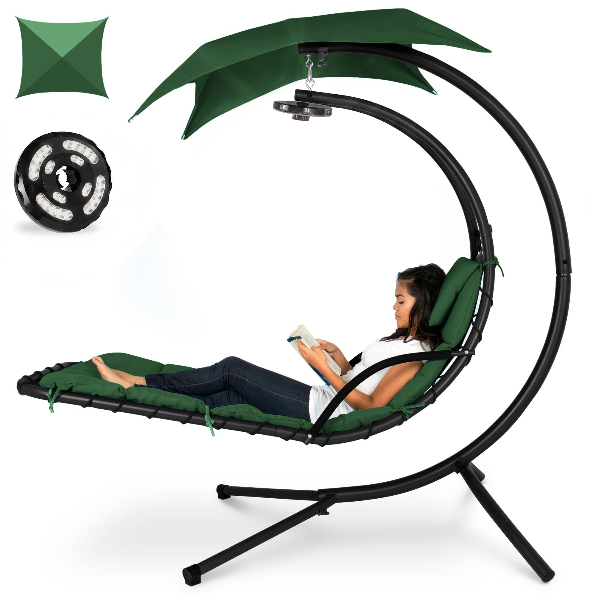 Hanging LED-Lit Curved Chaise Lounge Chair w/ Pillow Canopy Stand