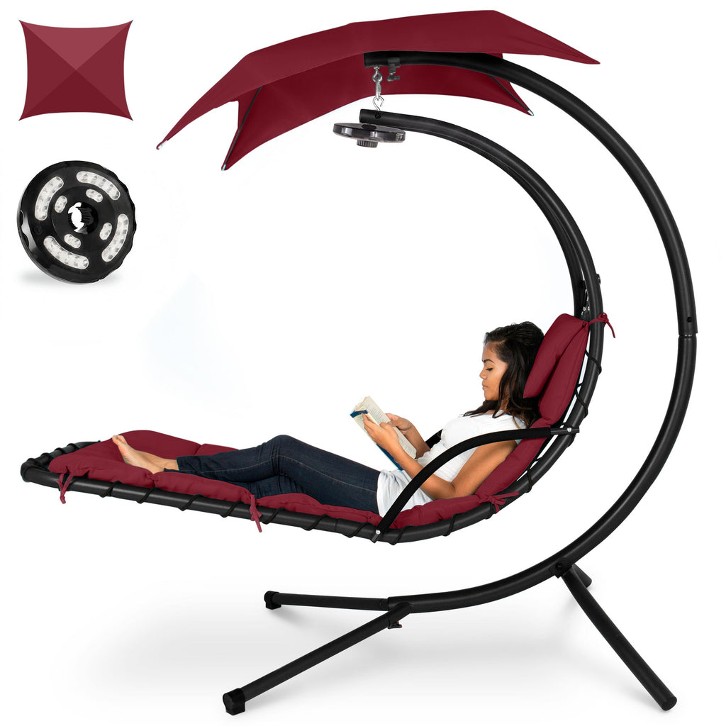 Hanging LED-Lit Curved Chaise Lounge Chair w/ Pillow Canopy Stand