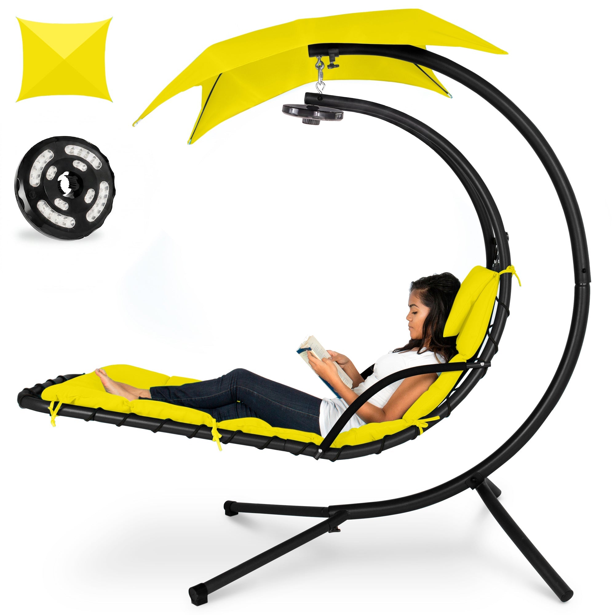 Hanging LED-Lit Curved Chaise Lounge Chair w/ Pillow Canopy Stand