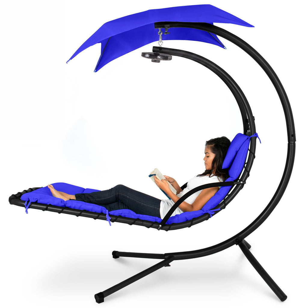 Hanging LED-Lit Curved Chaise Lounge Chair w/ Pillow Canopy Stand