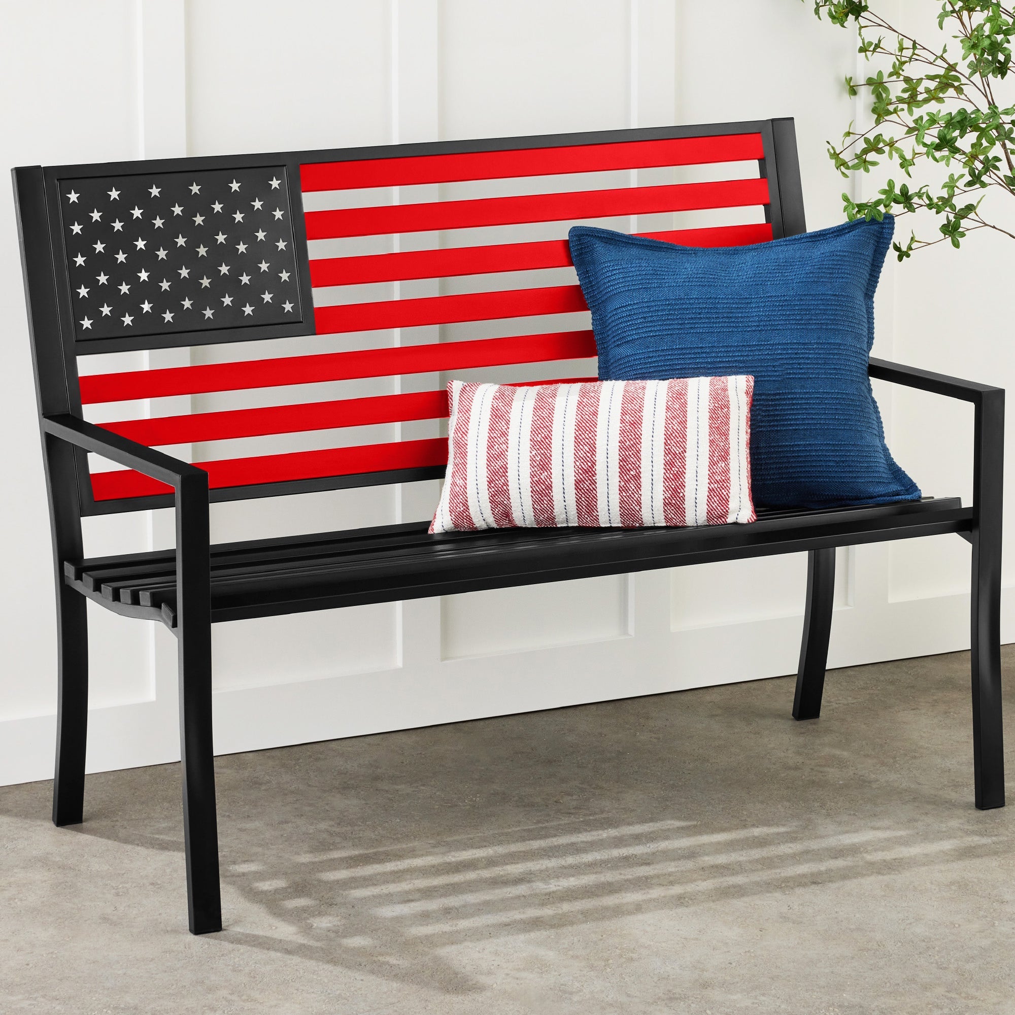 Indoor Outdoor Steel Bench w/ American Flag Backrest 790lb Capacity