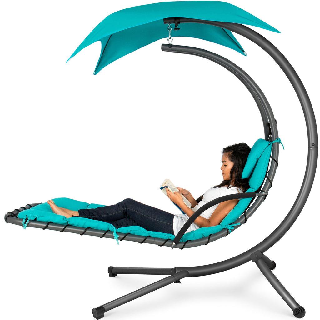 Hanging Curved Chaise Lounge Chair w/ Built-In Pillow Removable Canopy
