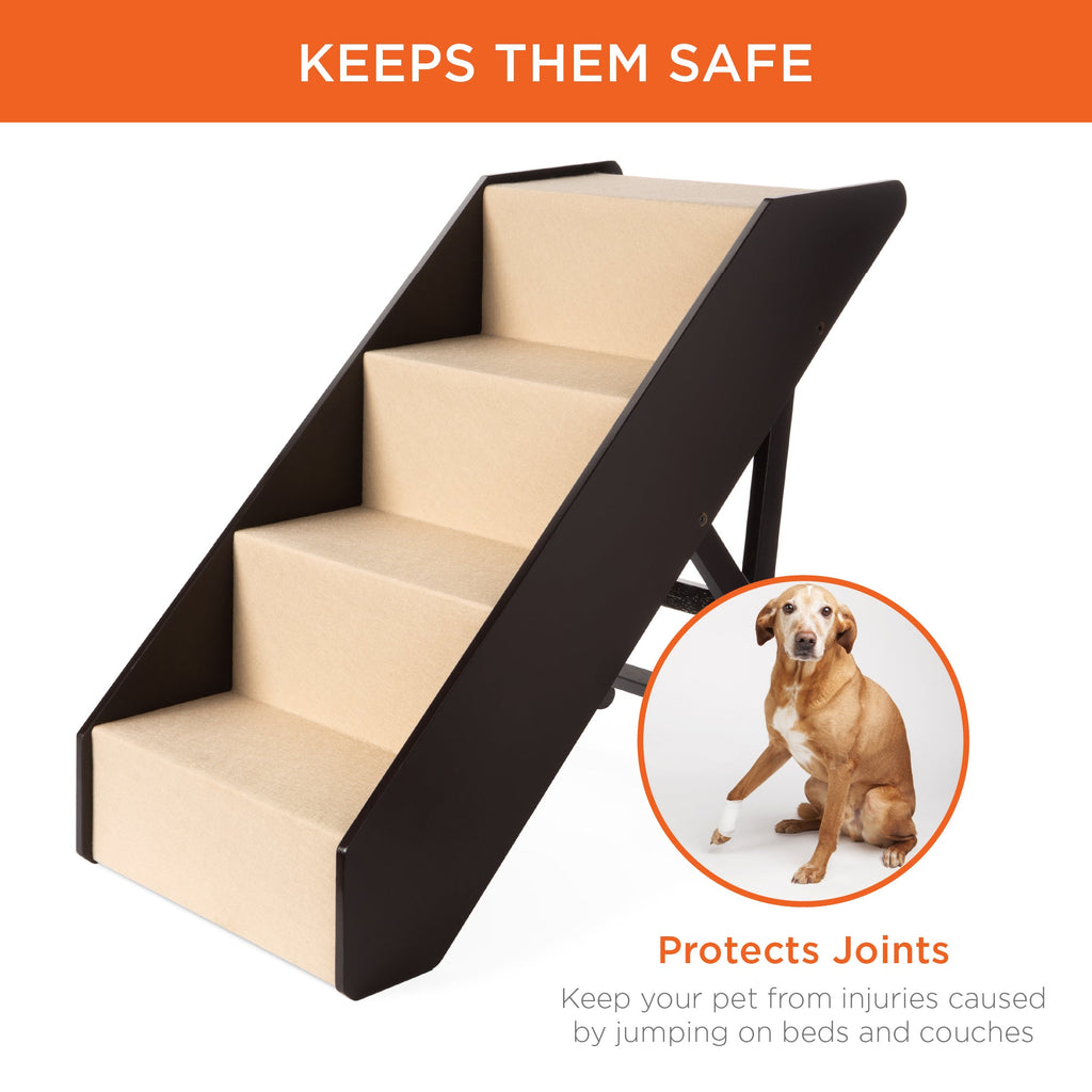 Foldable Adjustable Non-Slip Wide Wooden Carpeted Pet Step Stairs