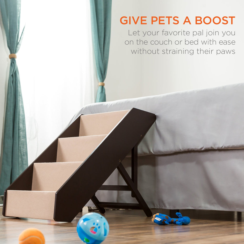 Foldable Adjustable Non-Slip Wide Wooden Carpeted Pet Step Stairs