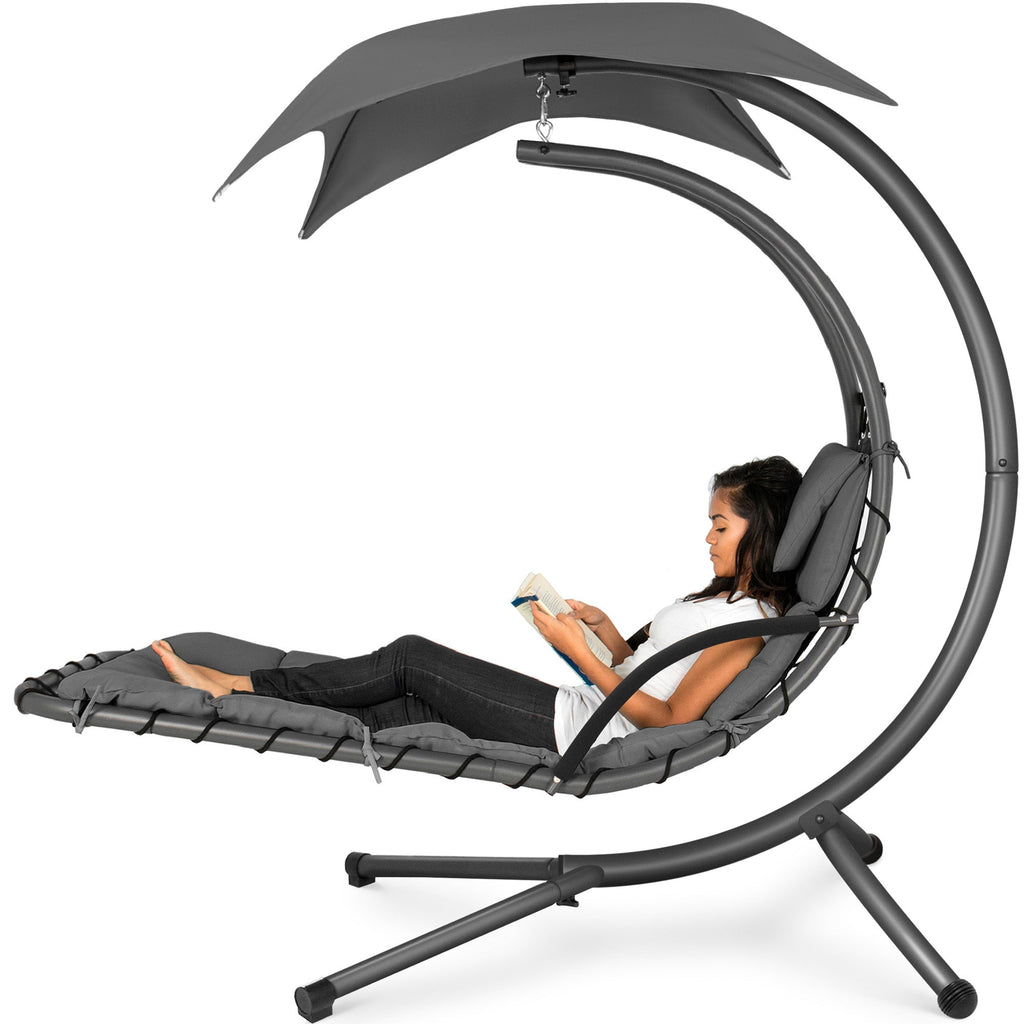 Hanging Curved Chaise Lounge Chair w/ Built-In Pillow Removable Canopy