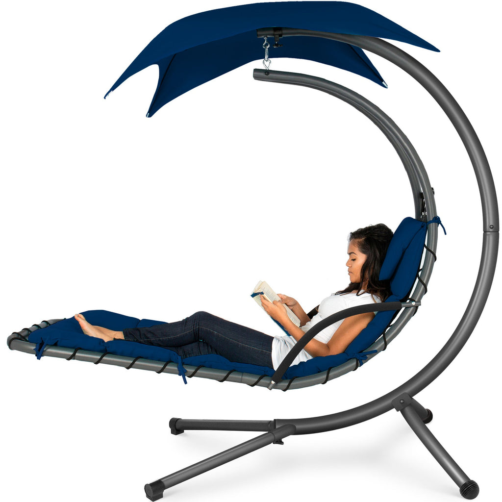 Hanging Curved Chaise Lounge Chair w/ Built-In Pillow Removable Canopy