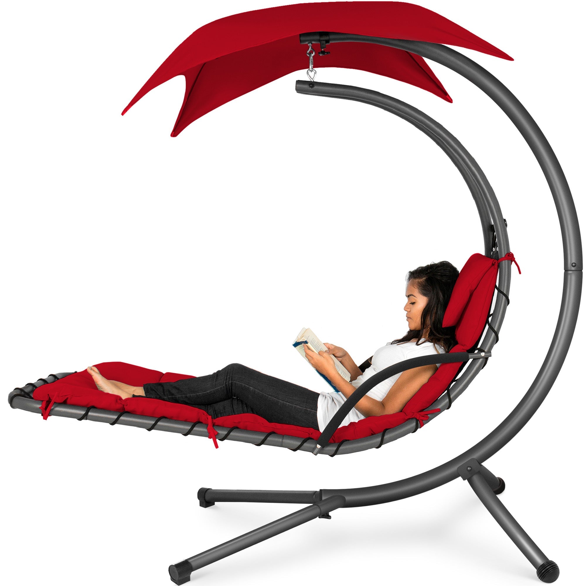 Hanging Curved Chaise Lounge Chair w/ Built-In Pillow Removable Canopy