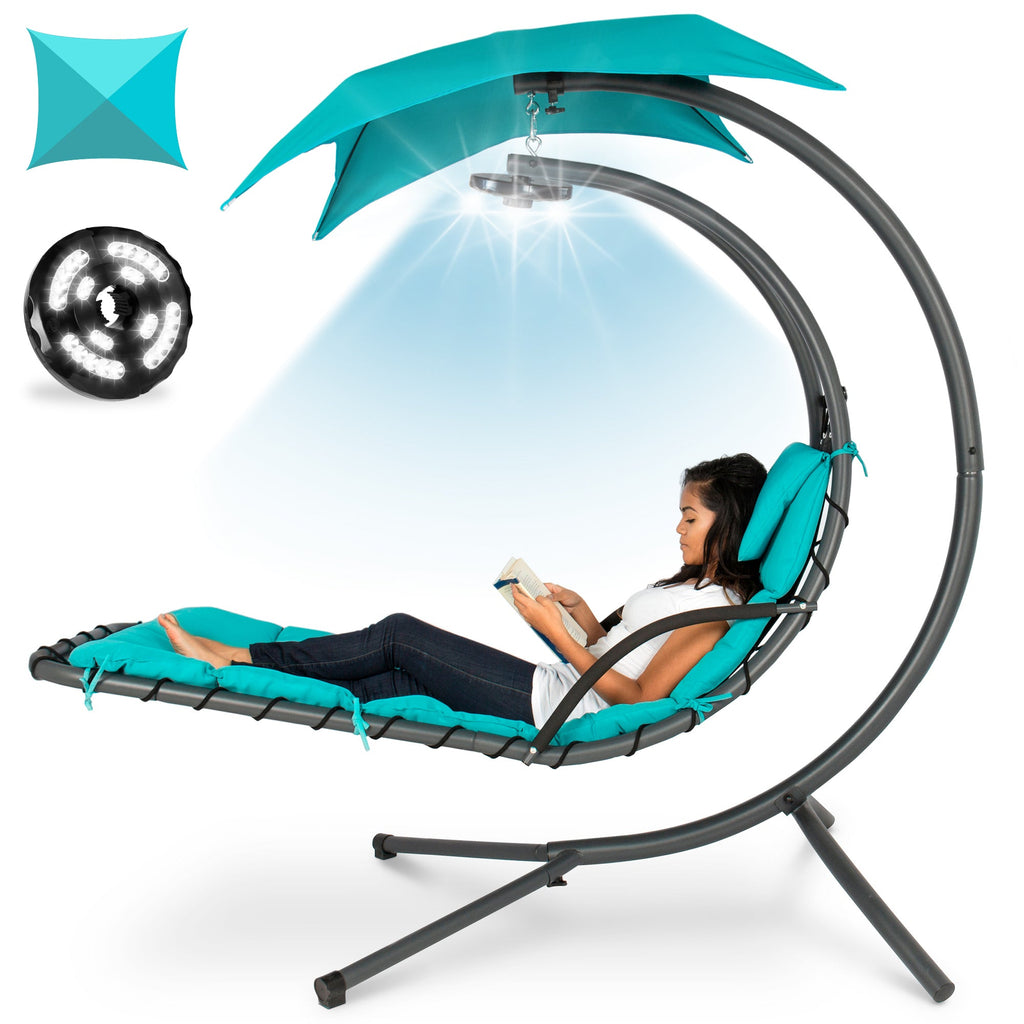 Hanging LED-Lit Curved Chaise Lounge Chair w/ Pillow Canopy Stand