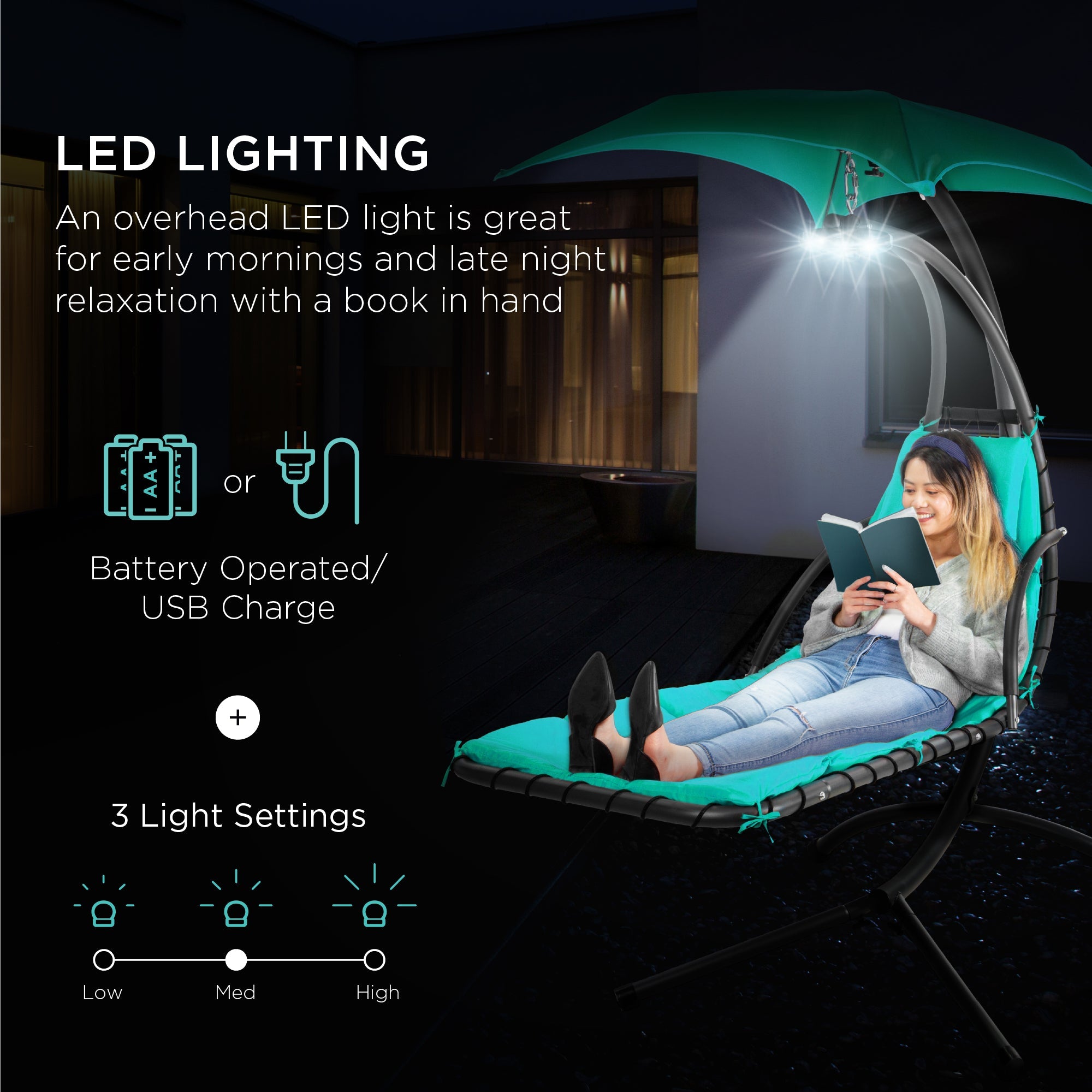 Hanging LED-Lit Curved Chaise Lounge Chair w/ Pillow Canopy Stand