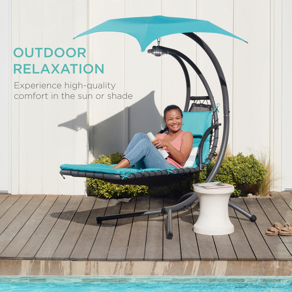 Hanging LED-Lit Curved Chaise Lounge Chair w/ Pillow Canopy Stand