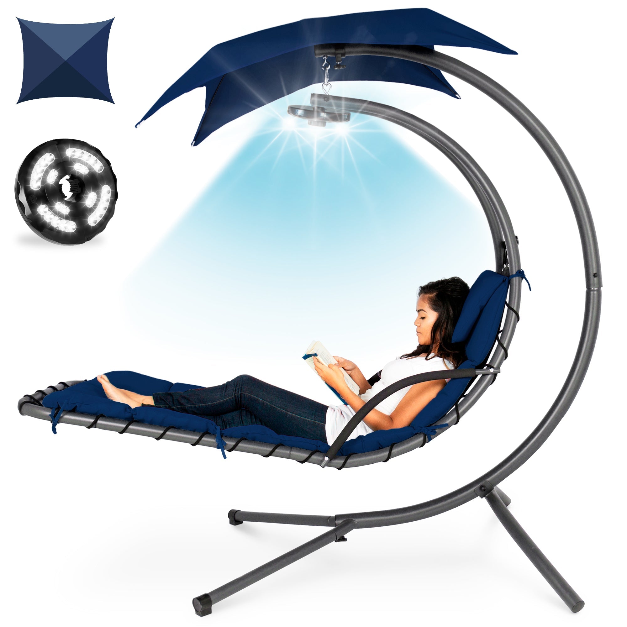 Hanging LED-Lit Curved Chaise Lounge Chair w/ Pillow Canopy Stand