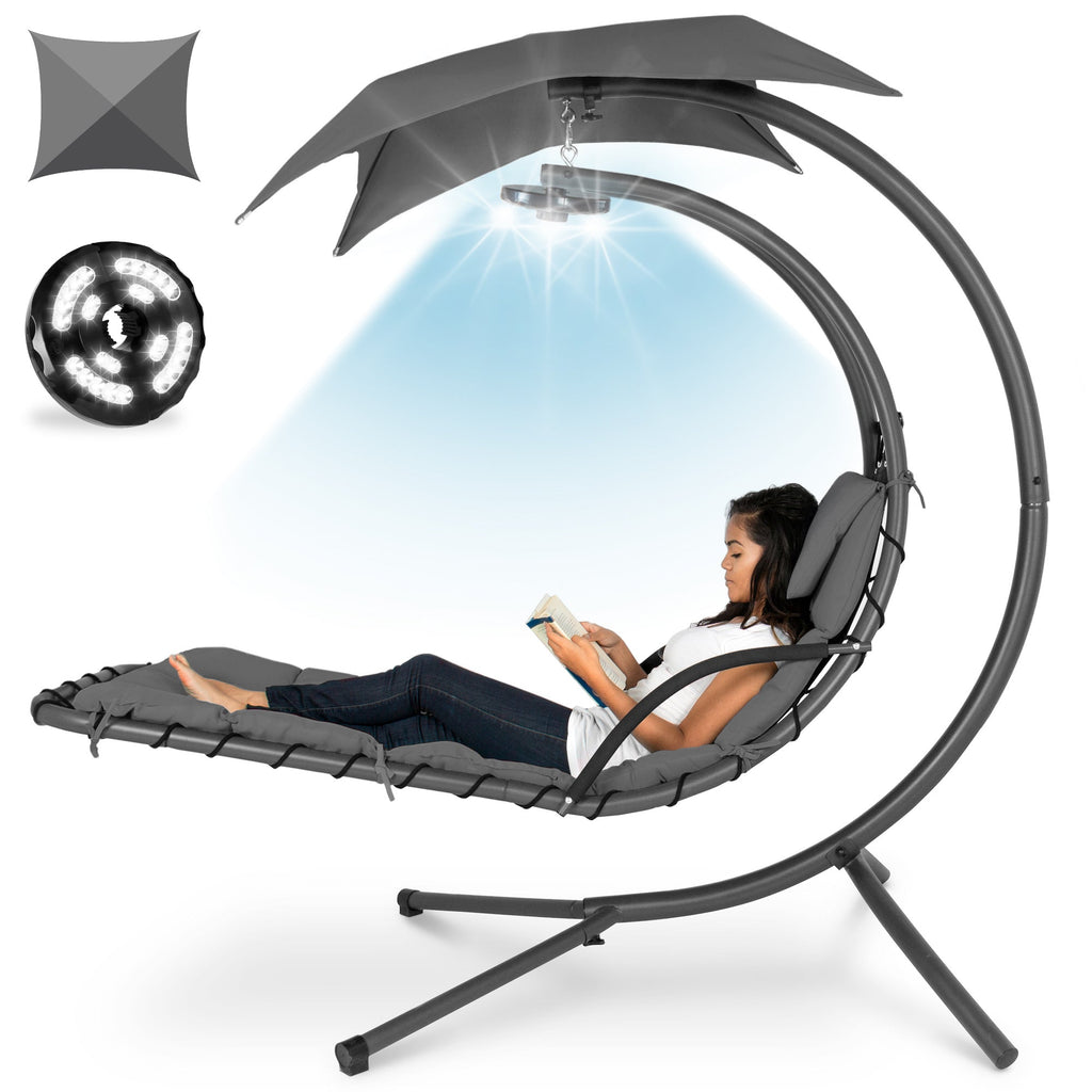 Hanging LED-Lit Curved Chaise Lounge Chair w/ Pillow Canopy Stand