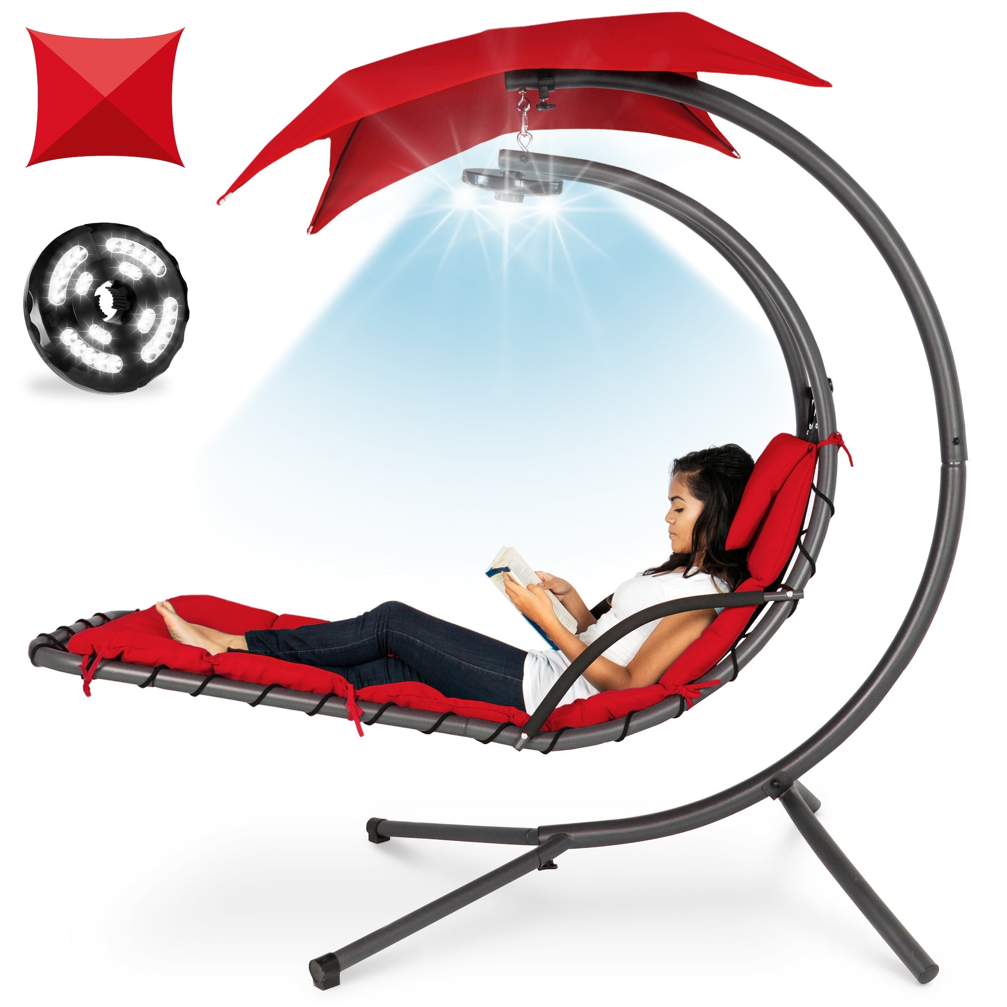Hanging LED-Lit Curved Chaise Lounge Chair w/ Pillow Canopy Stand