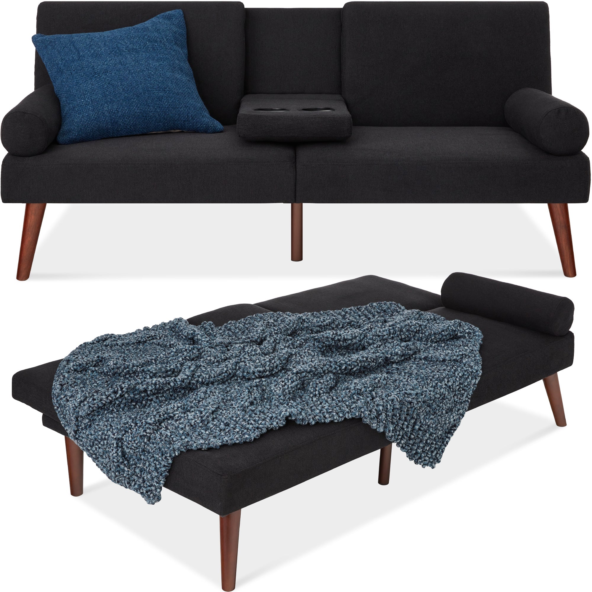 Fabric Upholstered Convertible Futon w/ Rounded Armrests 2 Cupholders