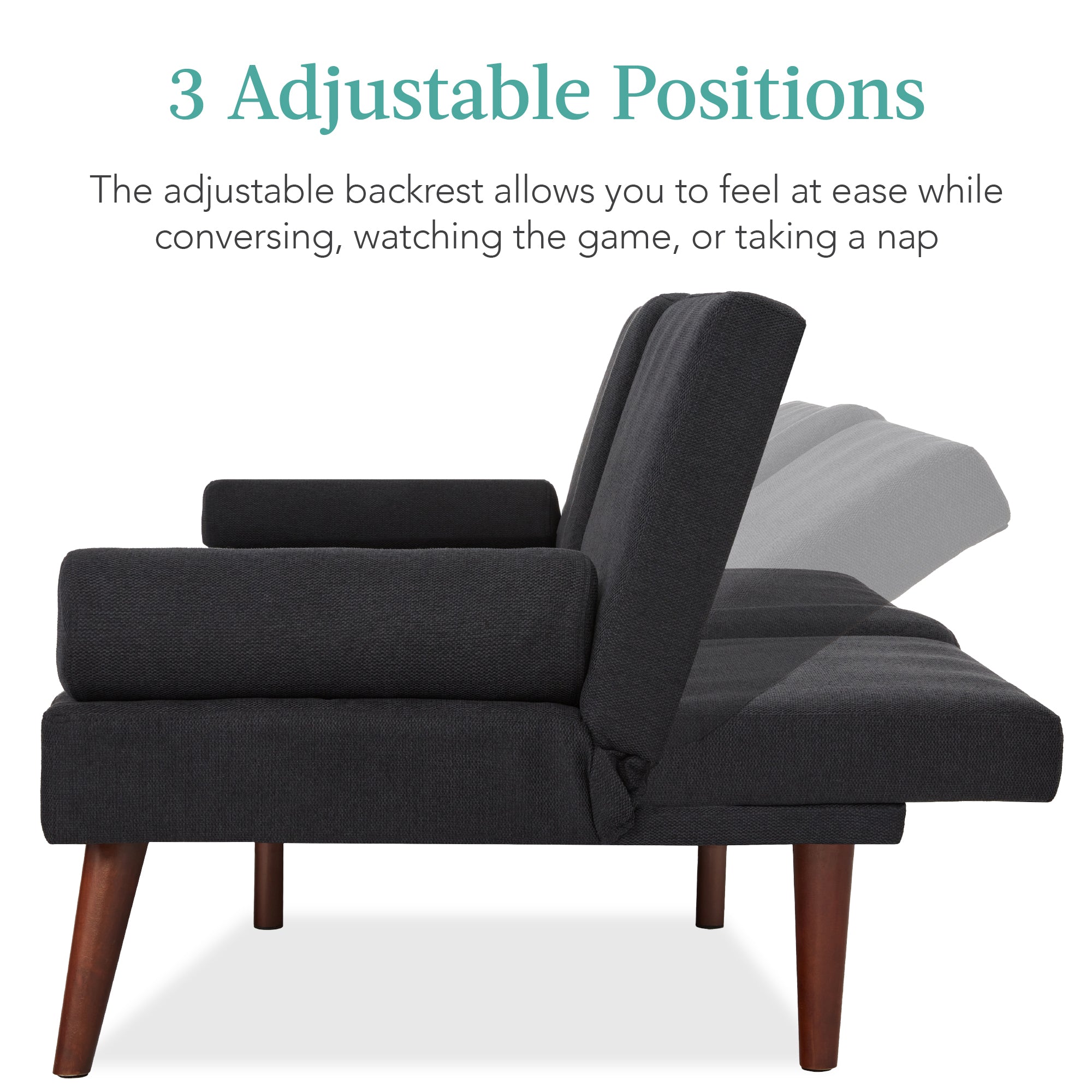 Fabric Upholstered Convertible Futon w/ Rounded Armrests 2 Cupholders