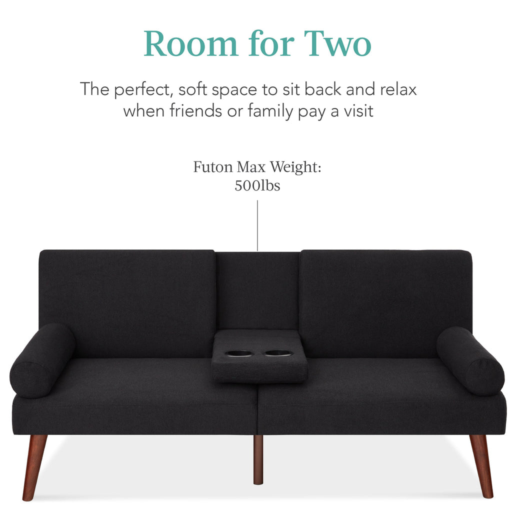 Fabric Upholstered Convertible Futon w/ Rounded Armrests 2 Cupholders