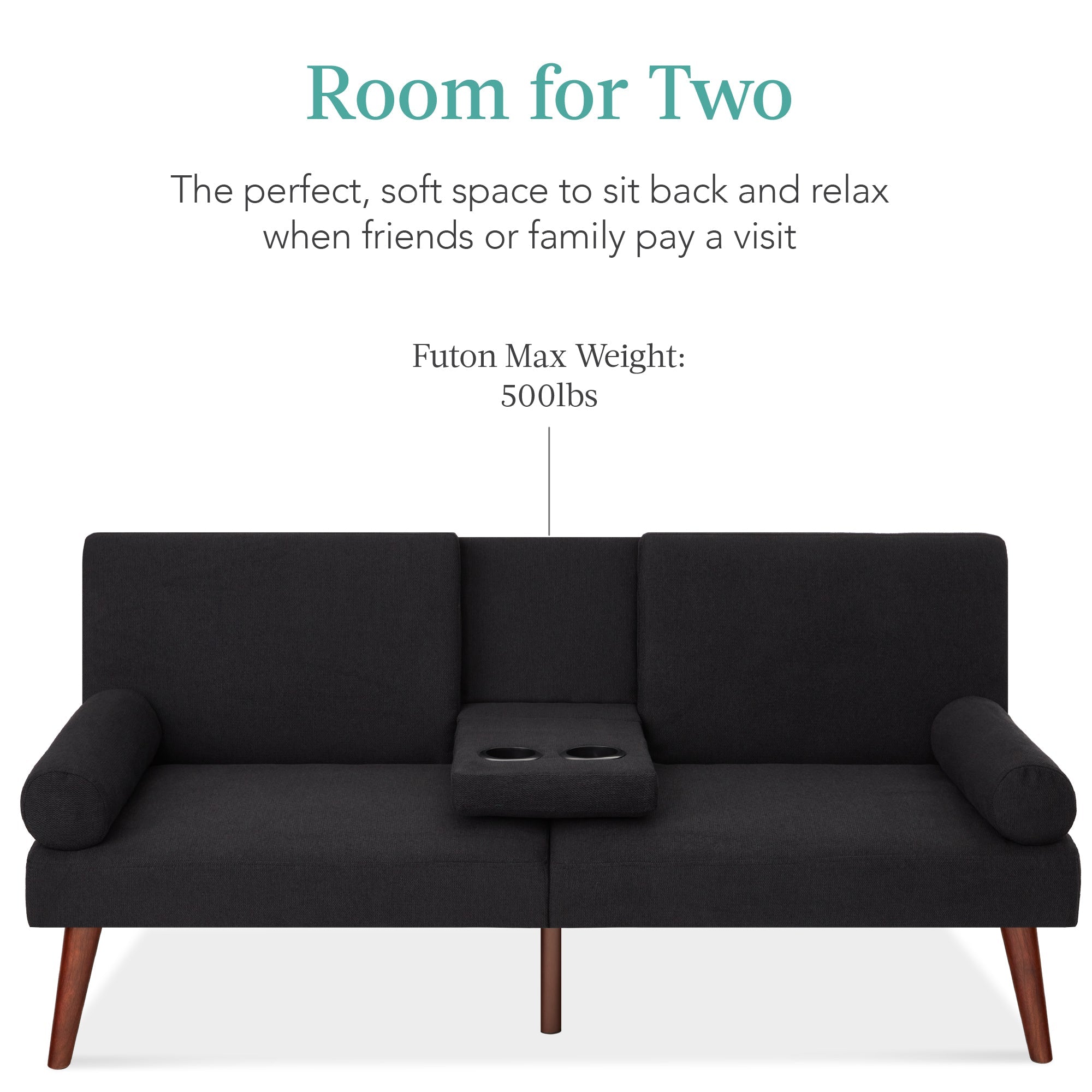 Fabric Upholstered Convertible Futon w/ Rounded Armrests 2 Cupholders