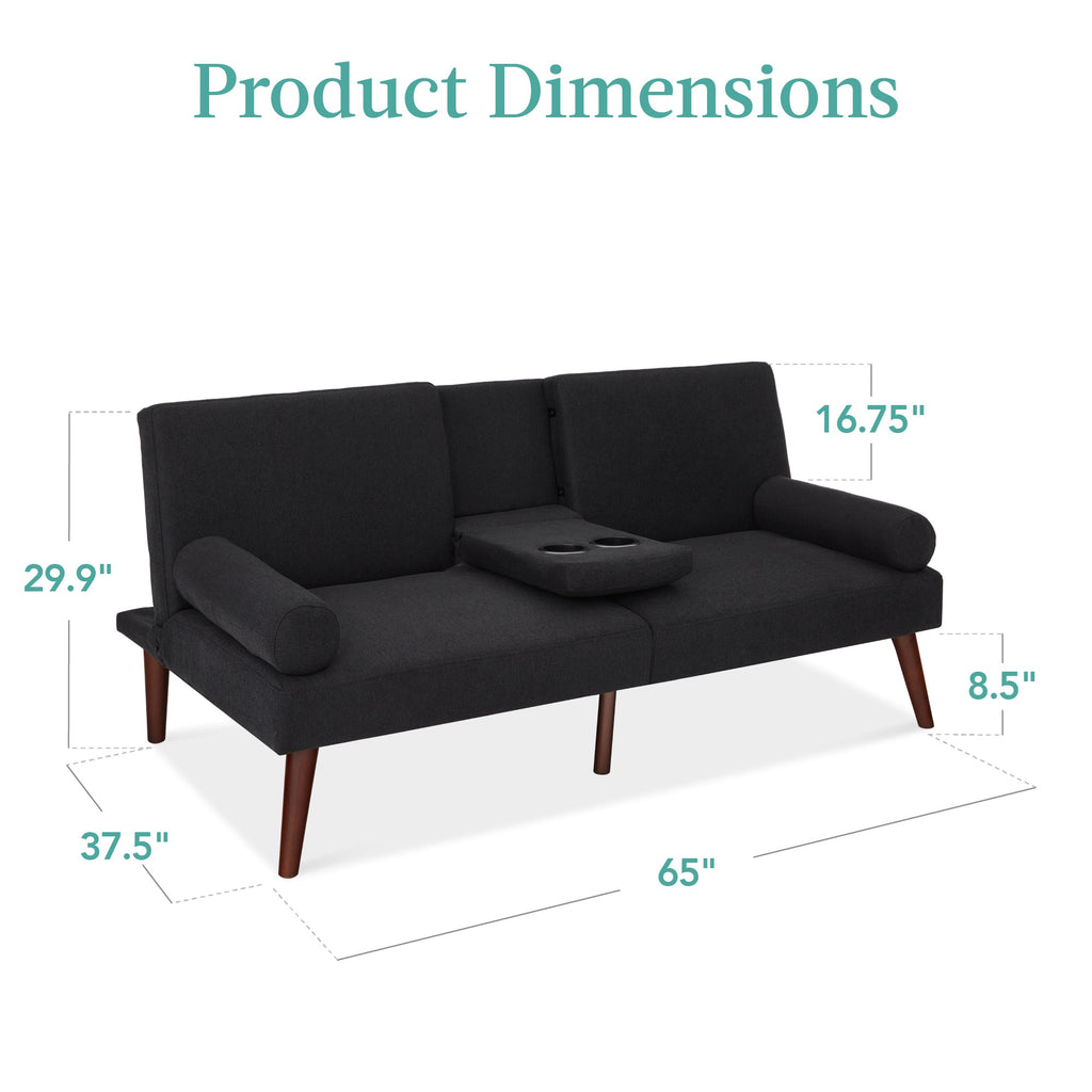 Fabric Upholstered Convertible Futon w/ Rounded Armrests 2 Cupholders