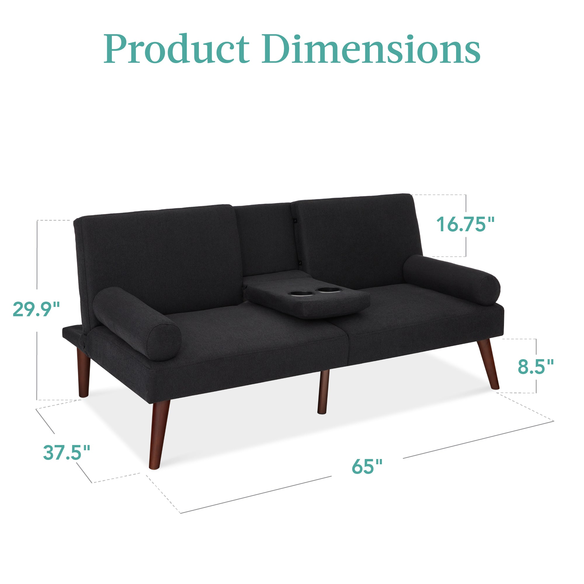 Fabric Upholstered Convertible Futon w/ Rounded Armrests 2 Cupholders