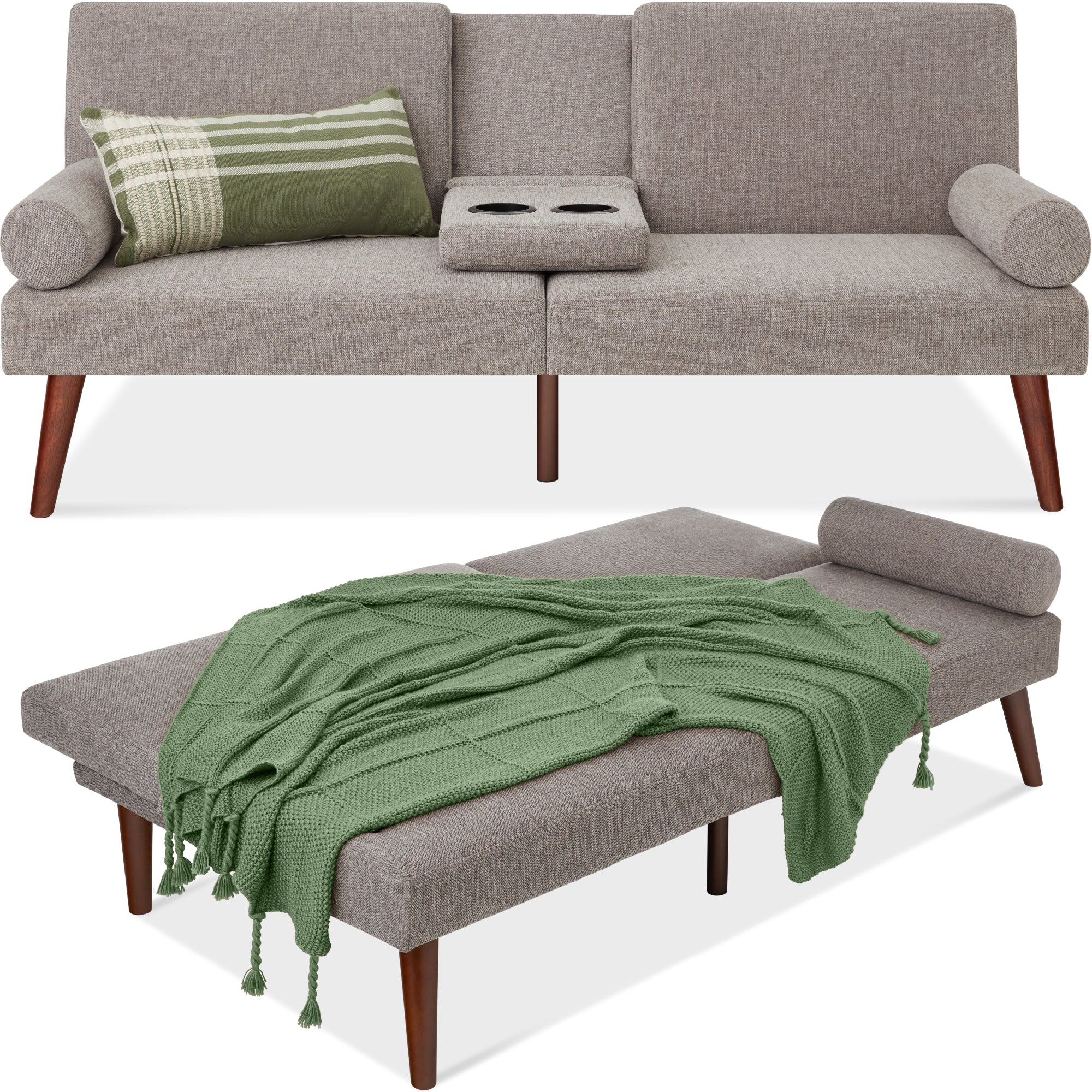Fabric Upholstered Convertible Futon w/ Rounded Armrests 2 Cupholders