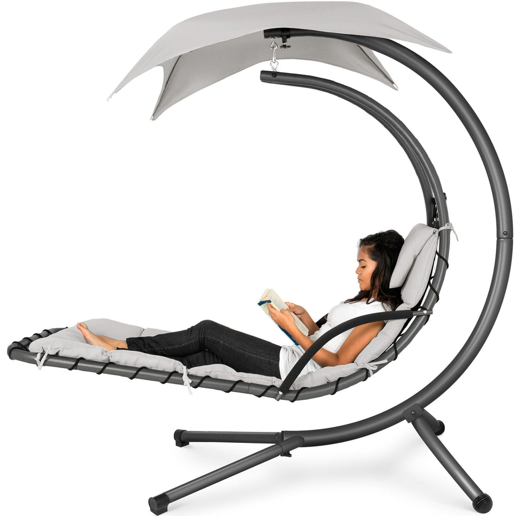 Hanging Curved Chaise Lounge Chair w/ Built-In Pillow Removable Canopy