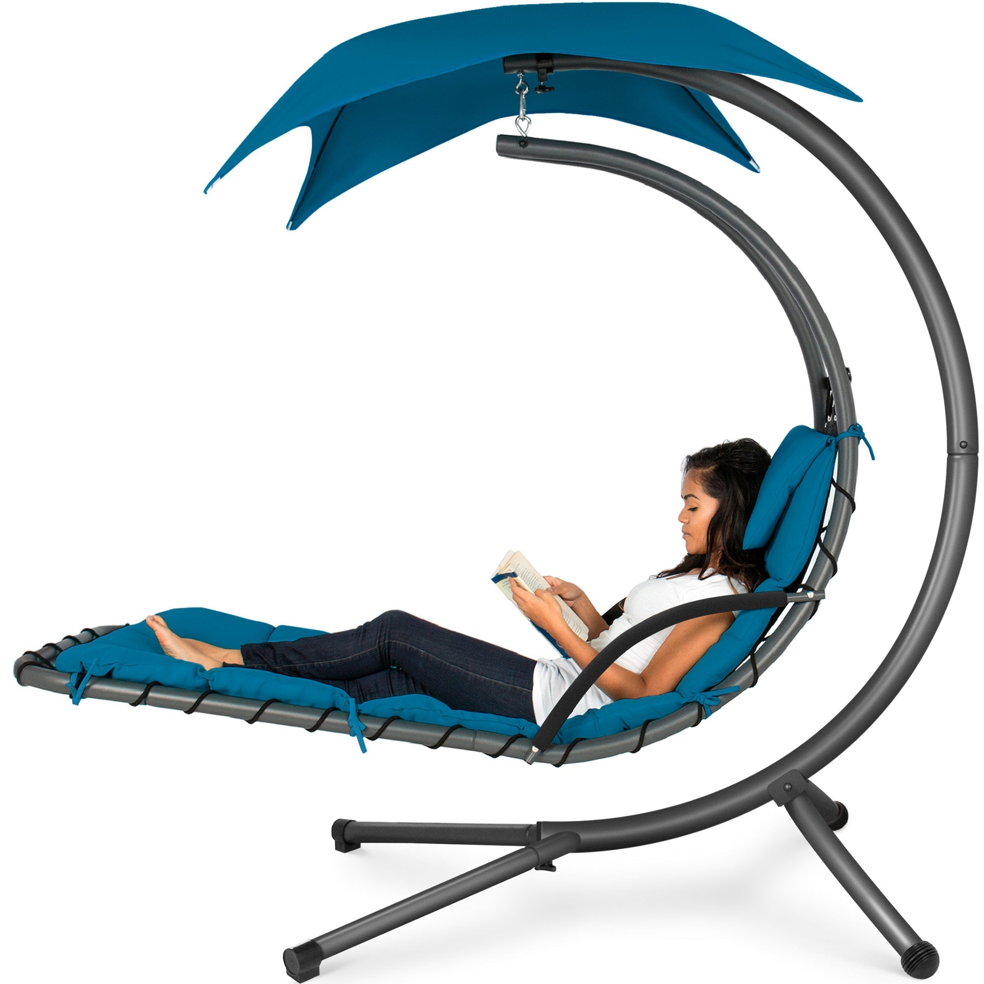 Hanging Curved Chaise Lounge Chair w/ Built-In Pillow Removable Canopy