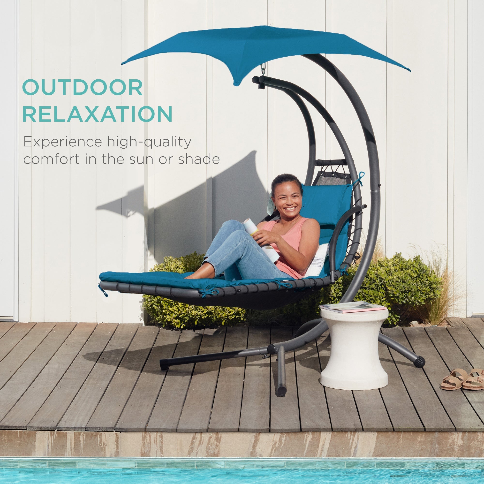 Hanging Curved Chaise Lounge Chair w/ Built-In Pillow Removable Canopy