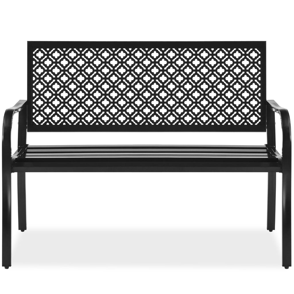 Indoor Outdoor Steel Bench w/ Geometric Backrest Foot Levelers
