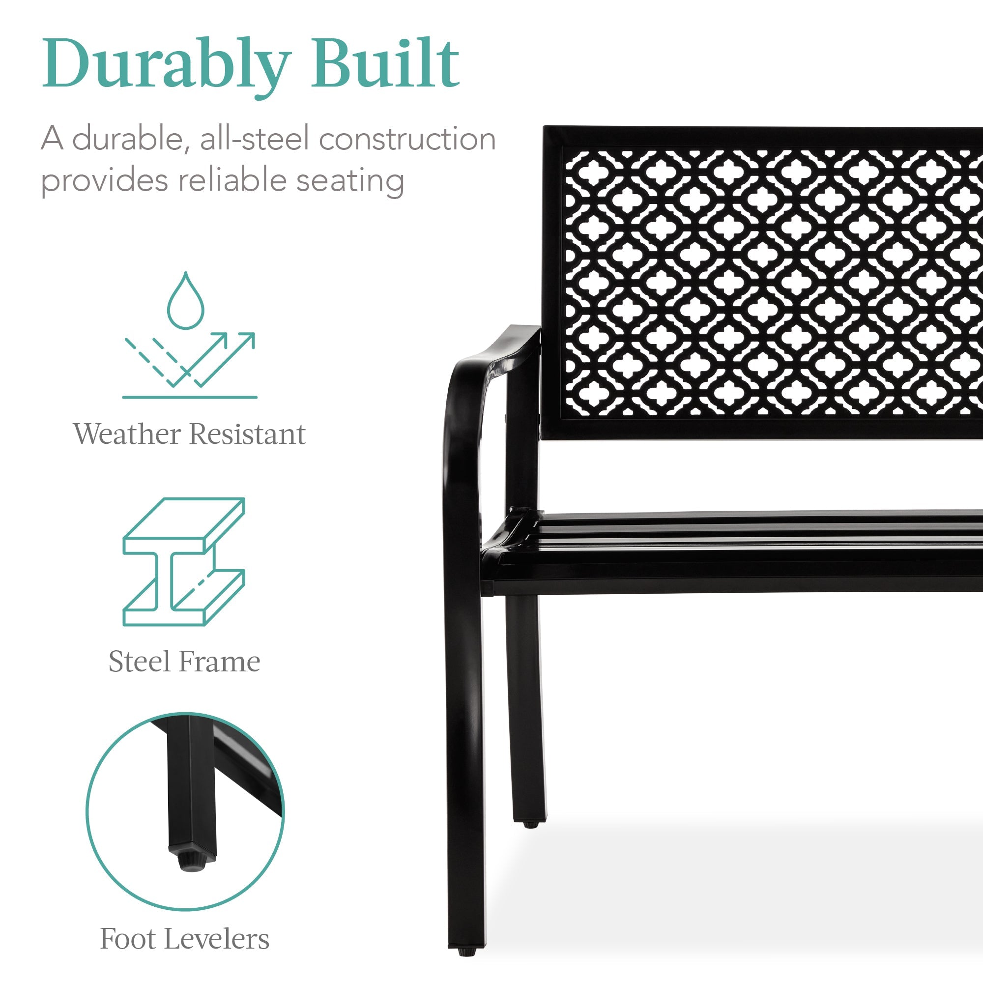 Indoor Outdoor Steel Bench w/ Geometric Backrest Foot Levelers