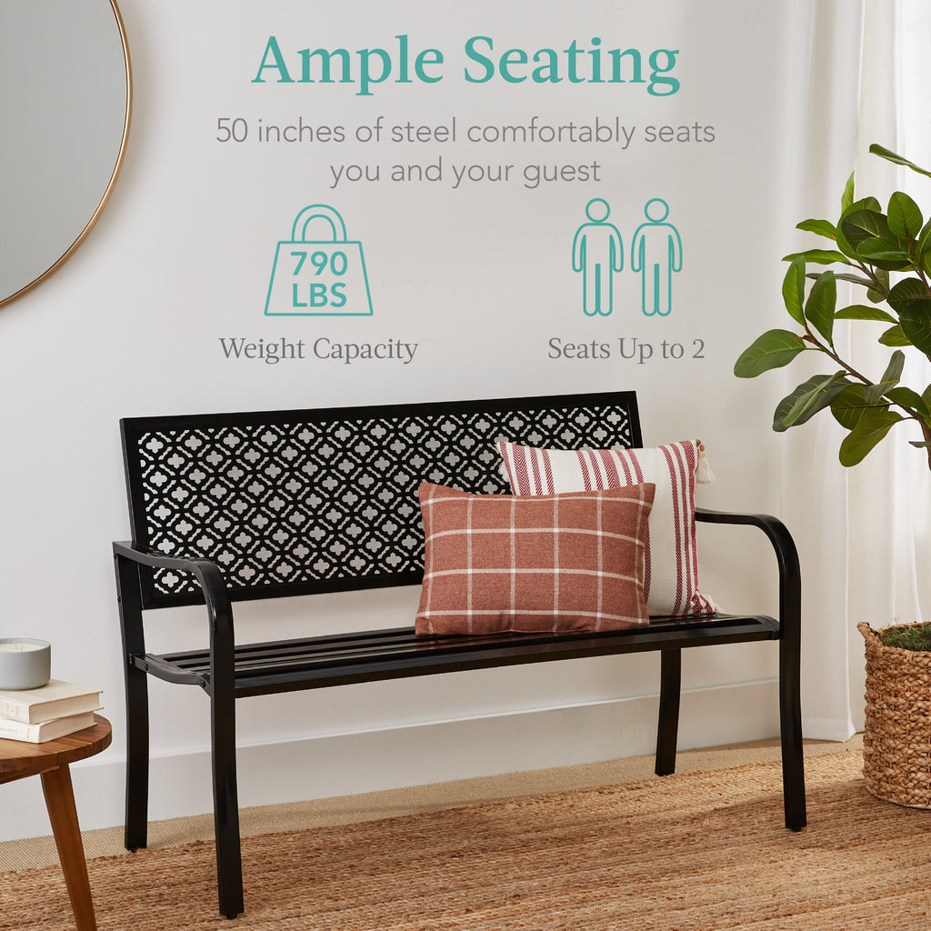 Indoor Outdoor Steel Bench w/ Geometric Backrest Foot Levelers