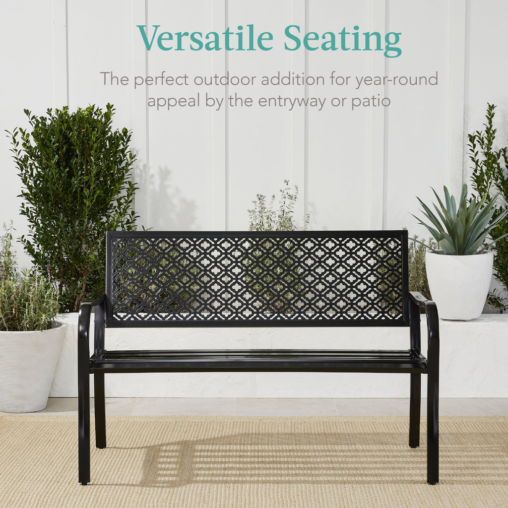 Indoor Outdoor Steel Bench w/ Geometric Backrest Foot Levelers