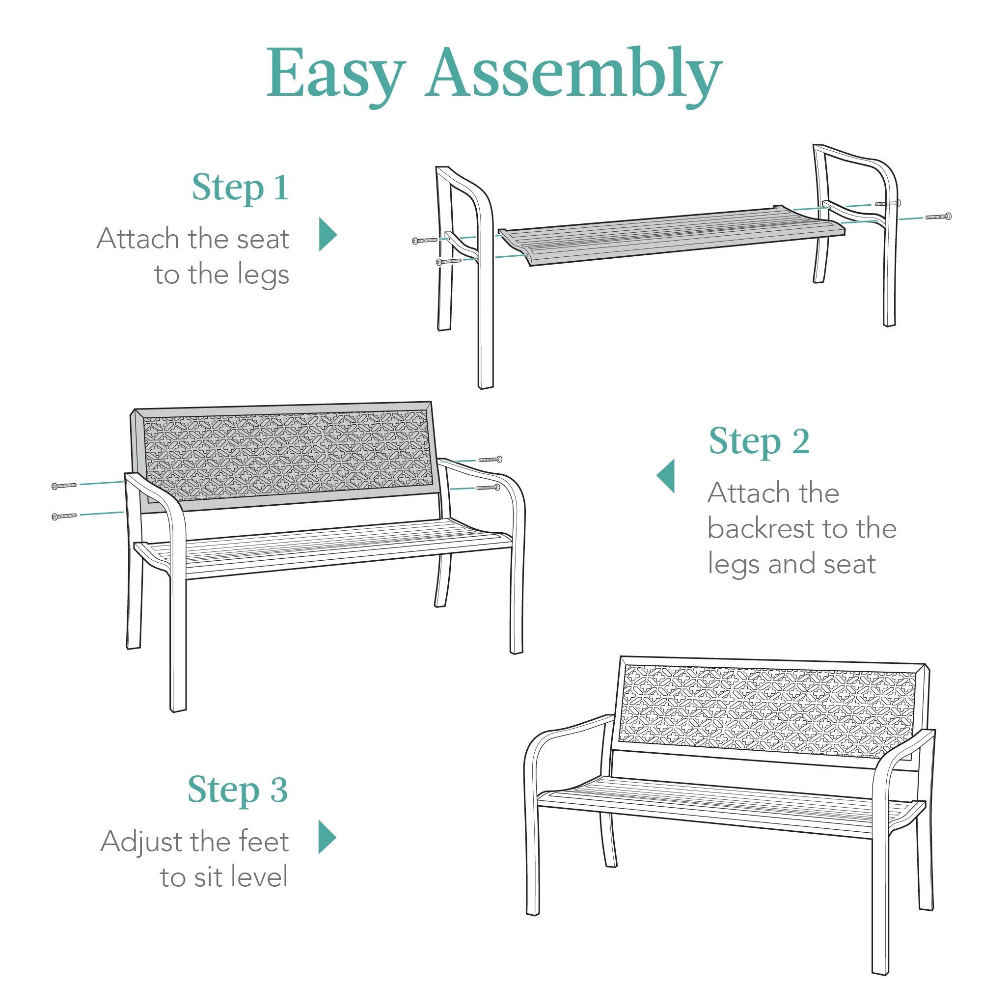 Indoor Outdoor Steel Bench w/ Geometric Backrest Foot Levelers