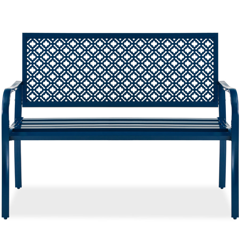 Indoor Outdoor Steel Bench w/ Geometric Backrest Foot Levelers