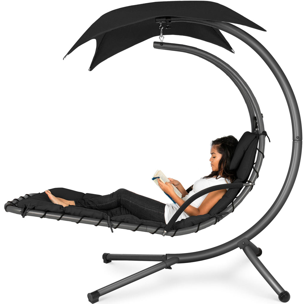 Hanging Curved Chaise Lounge Chair w/ Built-In Pillow Removable Canopy