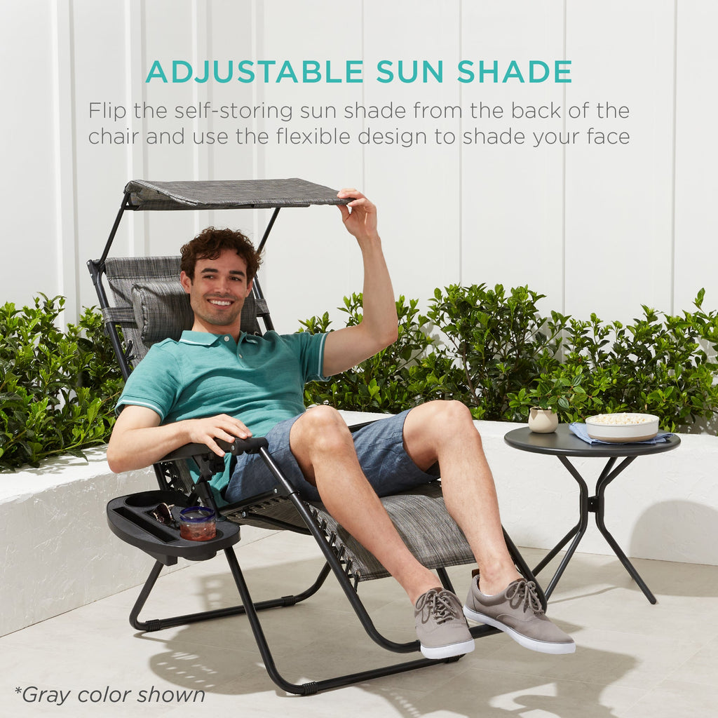 Folding Zero Gravity Recliner Patio Lounge Chair w/ Canopy Side Tray