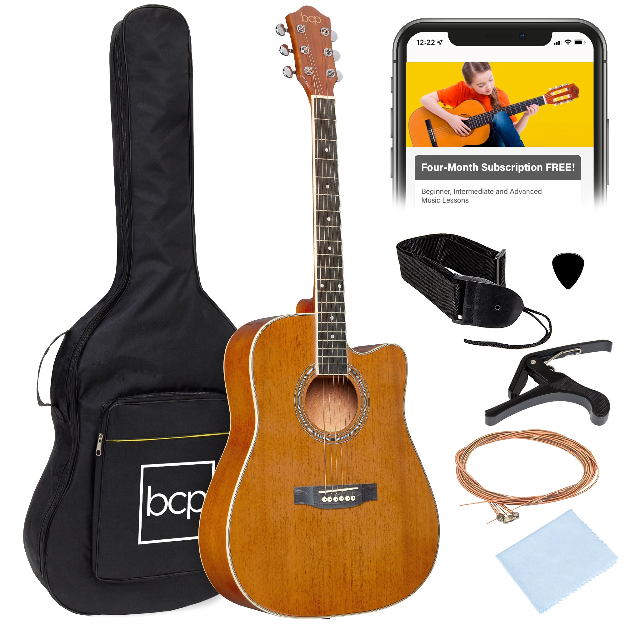 Full Size Beginner Acoustic Guitar Set with Case Strap Capo - 41in