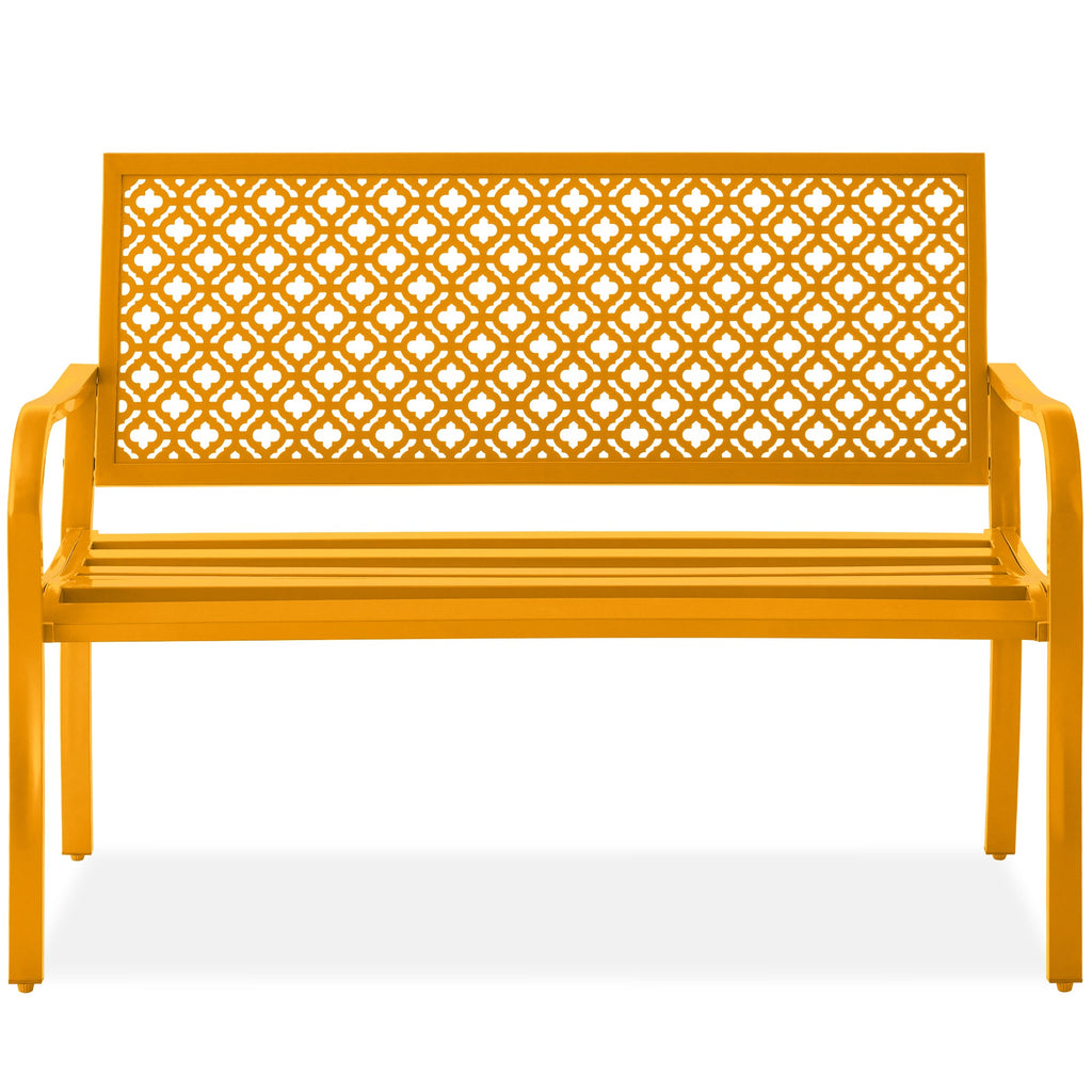 Indoor Outdoor Steel Bench w/ Geometric Backrest Foot Levelers