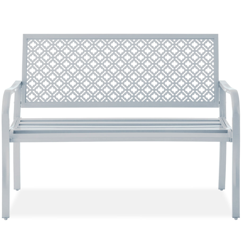 Indoor Outdoor Steel Bench w/ Geometric Backrest Foot Levelers
